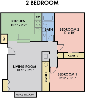 Floor plan for 2 beds, 1 bath, 810 sqft